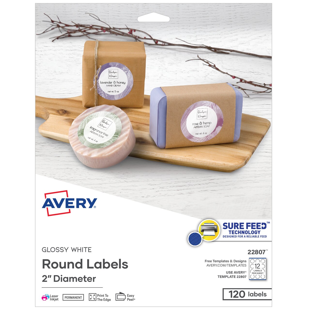 Avery Printable Round Labels with Sure Feed Technology, Glossy White Labels, 2" Diameter, Permanent Adhesive, Laser/Inkjet, 120 Glossy Labels Total (22807) - 5 Pack